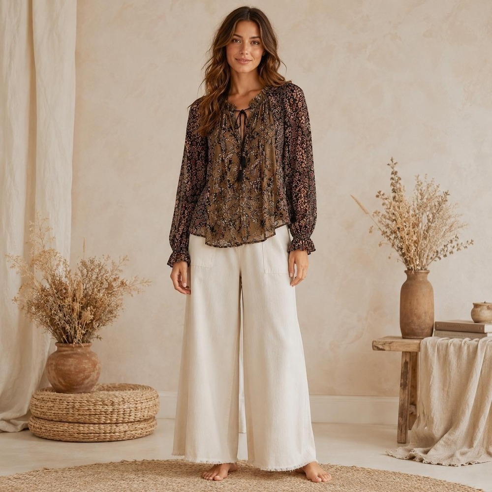 FREE PEOPLE Women's‎ Top Blouse MEDIUM Brown Floral Sheer Peasant Tassel Tie